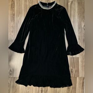 Betsey Johnson Velvet Black Faux Pearl Neck Long Bell Sleeve Zip Midi Dress 14